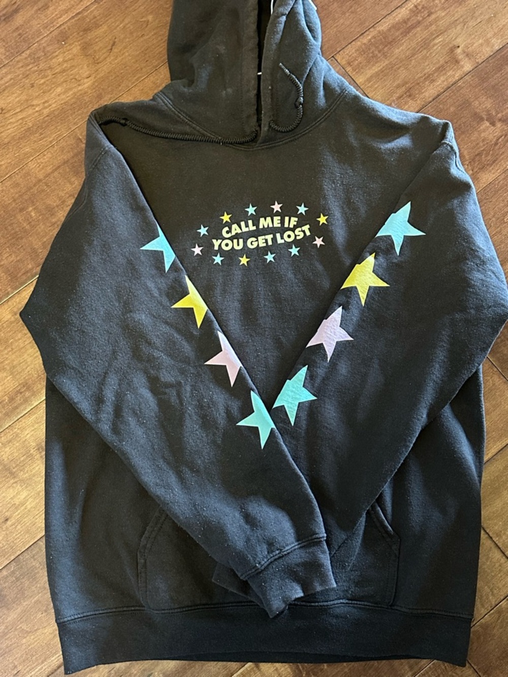 Black Hoodie with Pastel Star Graphic - "Call Me If You Get Lost"